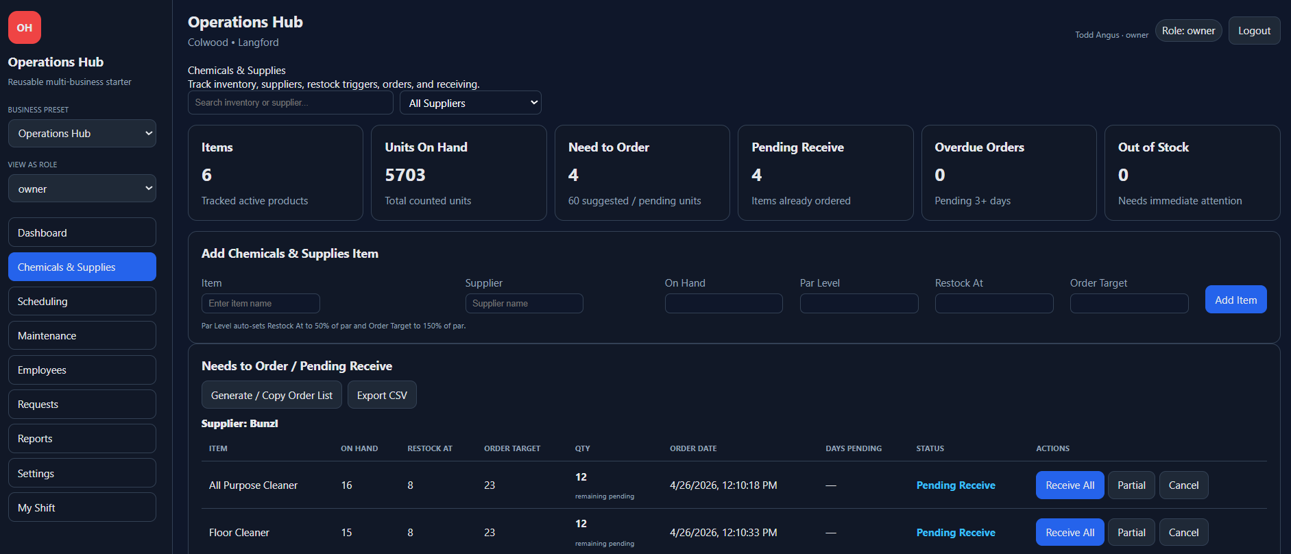 Inventory and ordering dashboard with supplier grouping, suggested orders, pending receive tracking, and partial receiving workflow